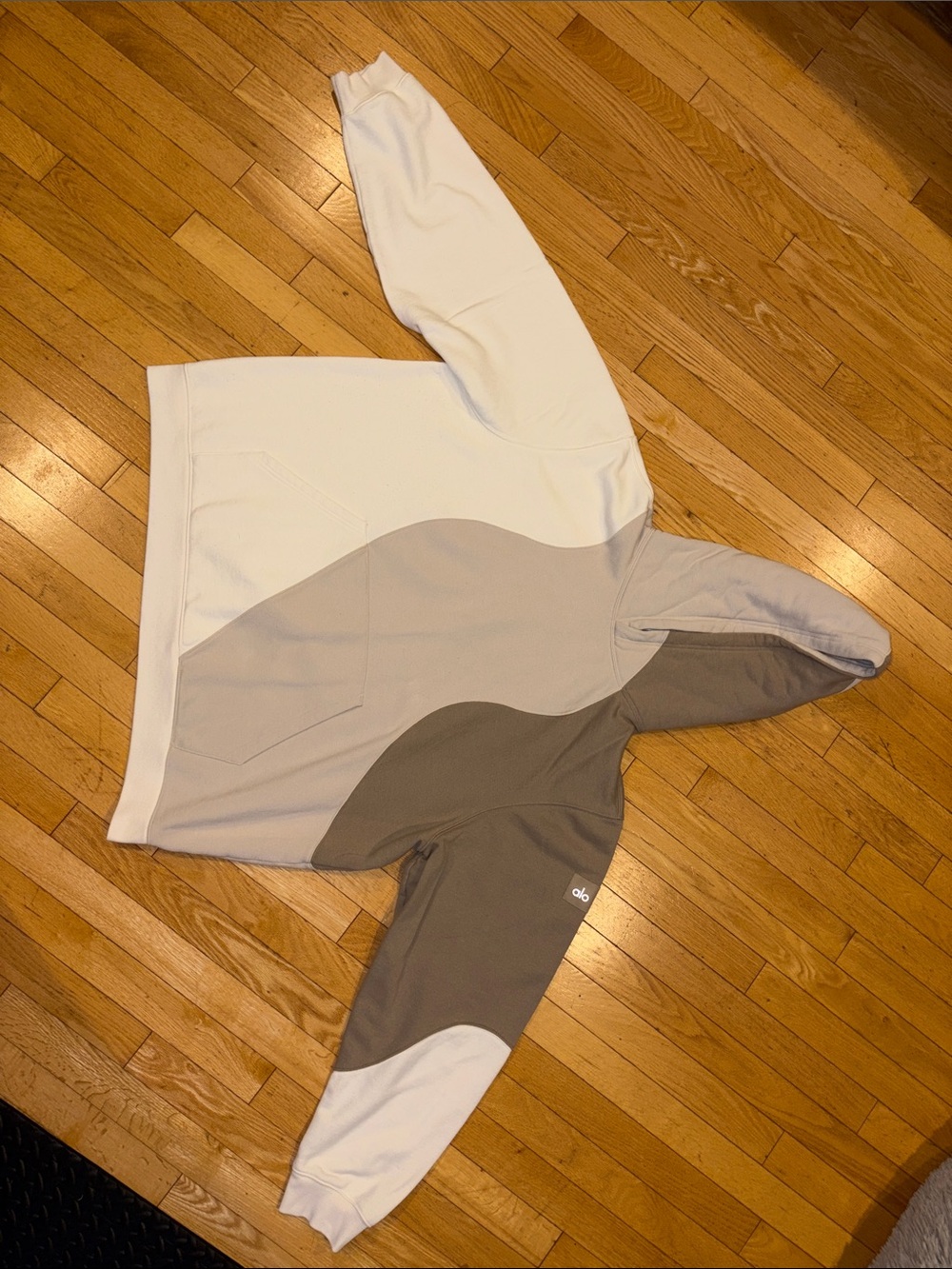 ALO Yoga Colorblock Pullover Hoodie in White, Gray & Taupe